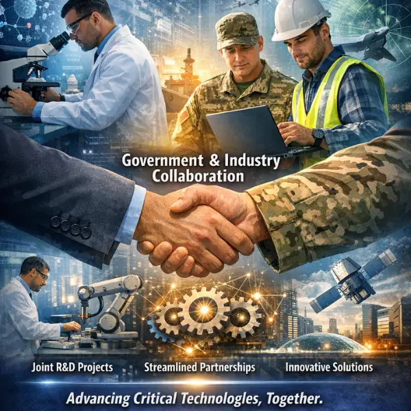 MARTEX CRADA illustrating government and industry collaboration through joint research and development, featuring scientists, engineers, and military professionals working together.
